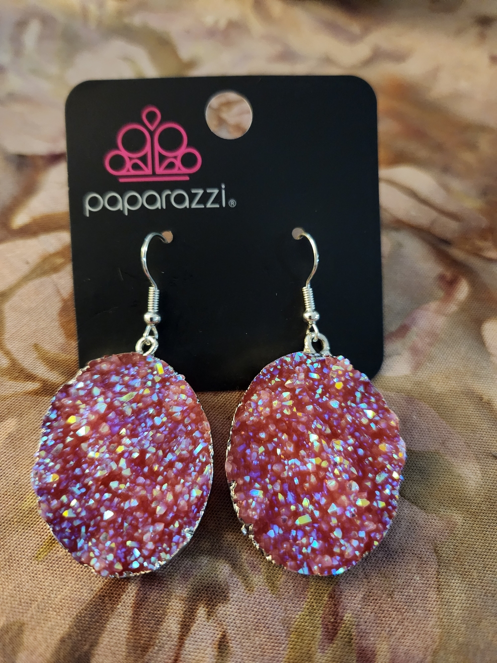 paparazzi Iridescent Pink Oval Druzy Drop Earrings